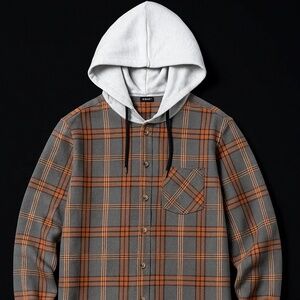 Men’s Plaid Flannel Shirt Jacket with Hoodie Gray Orange Size Medium